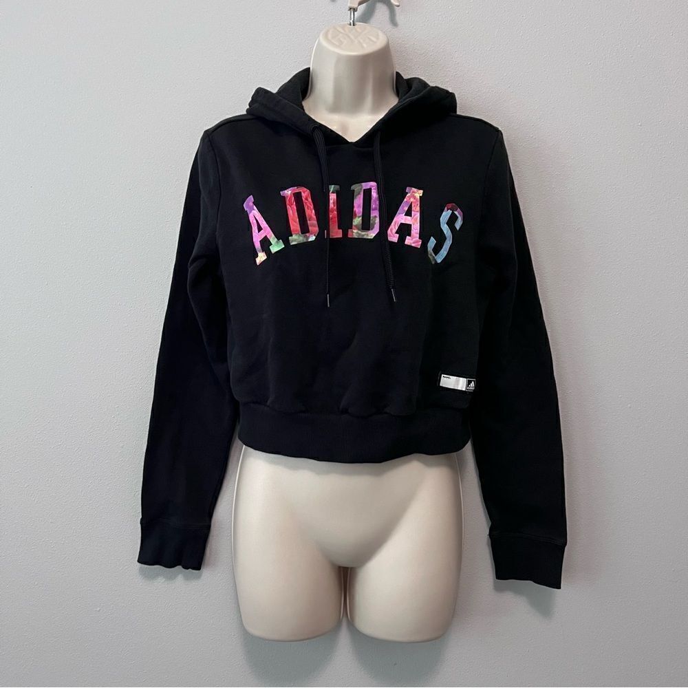 Adidas Cropped Black Floral Logo Pullover Hoodie Size S
